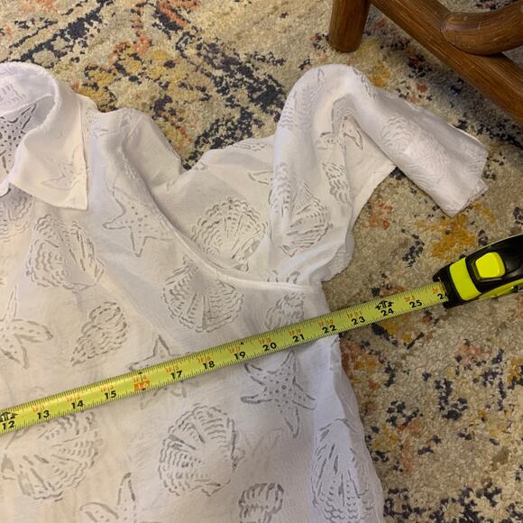 Alfred Dunner Sea Shell Beachy Print White Poplin Button Down Shirt Medium - Picture 7 of 7